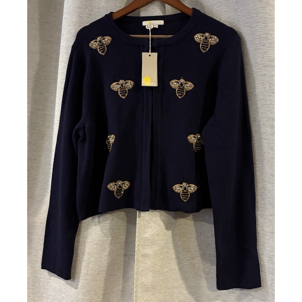Boden Embellished Bees Sweater Jacket Cardigan Navy Blue Beaded Size 14 US NWT - Picture 2 of 7